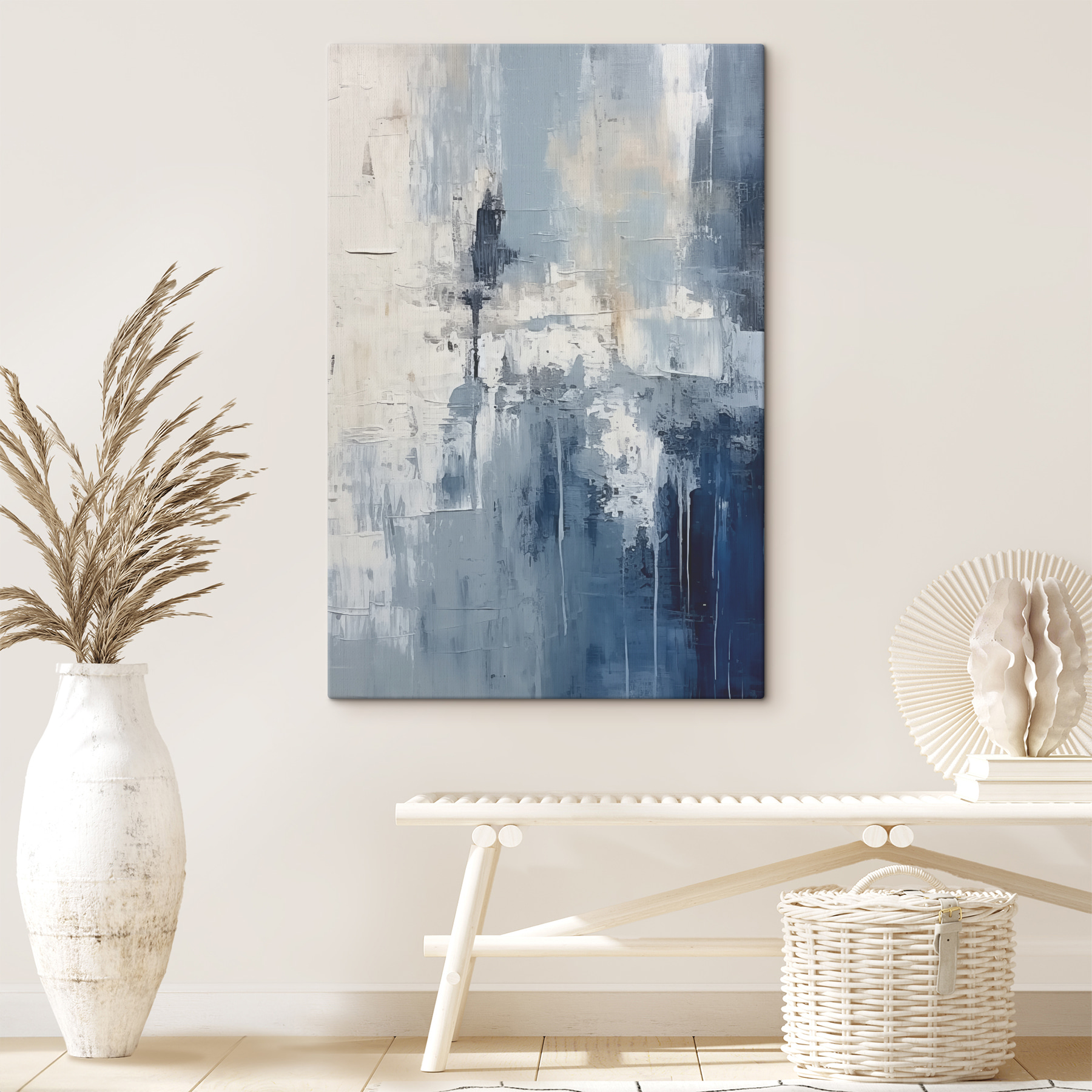 A painting of a blue and white wall