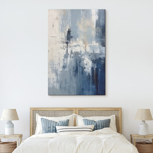 A painting of a blue and white wall