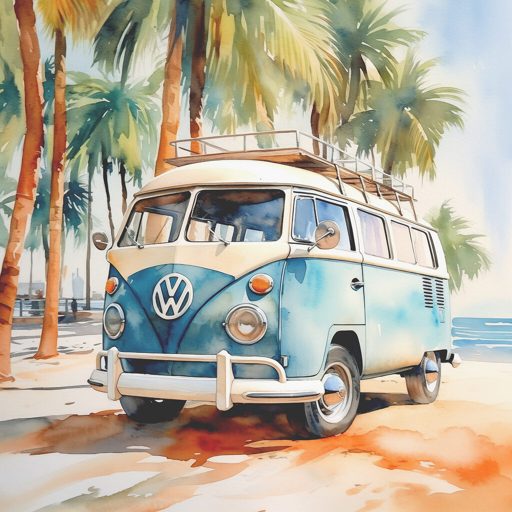 A watercolor of a van parked on a beach A watercolor of a van parked on a beach