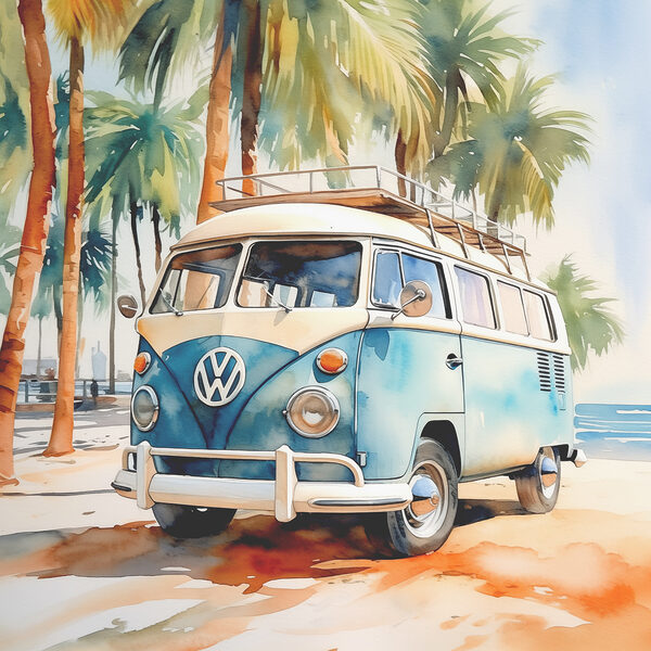 A watercolor of a van parked on a beach A watercolor of a van parked on a beach