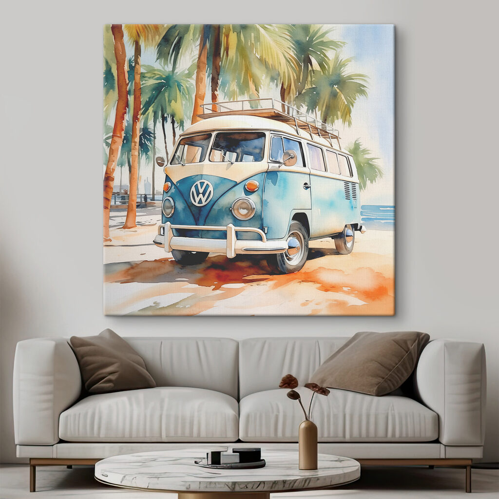 A watercolor of a van parked on a beach A watercolor of a van parked on a beach