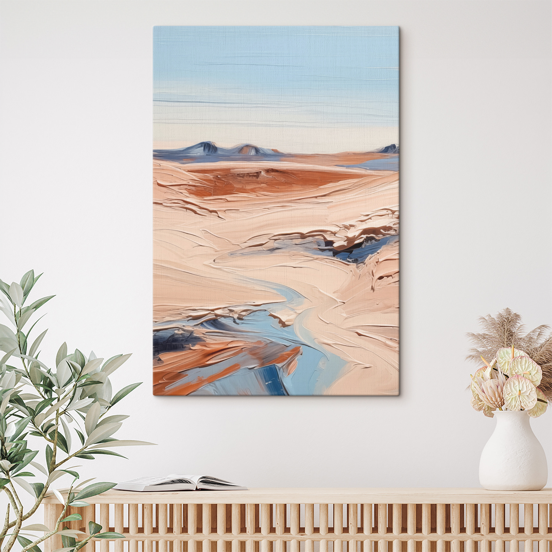 A desert landscape with mountains and blue sky