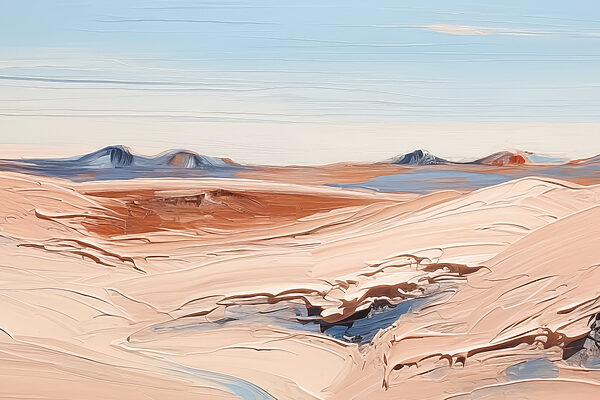 A desert landscape with mountains and blue sky