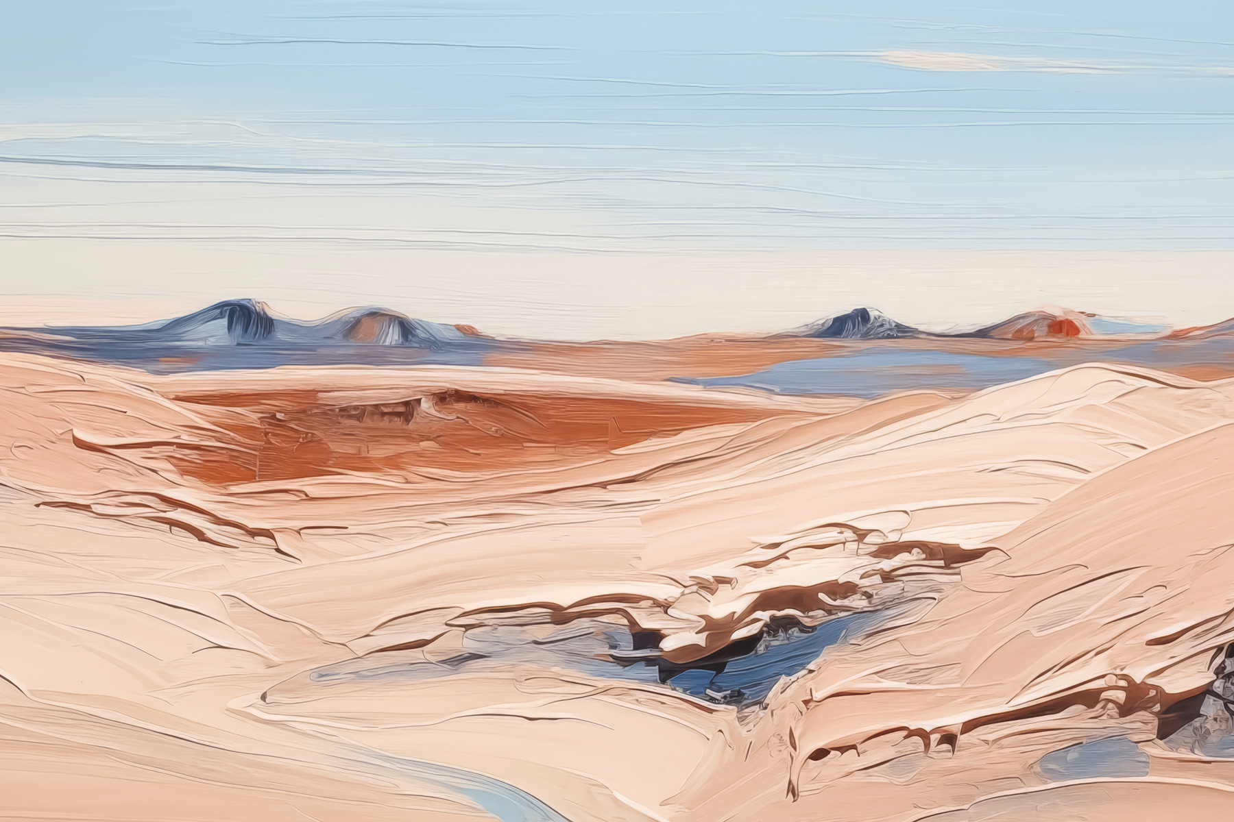 A desert landscape with mountains and blue sky