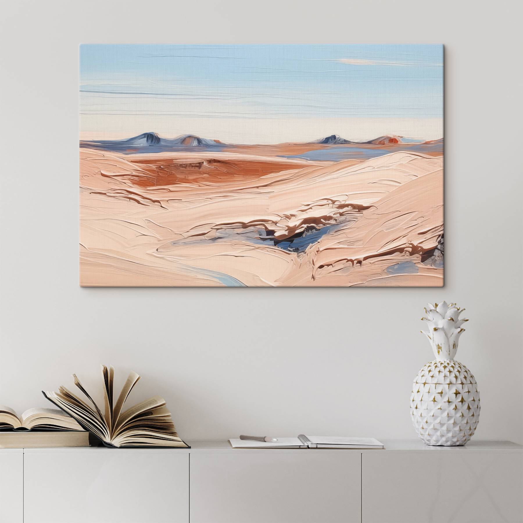 A desert landscape with mountains and blue sky