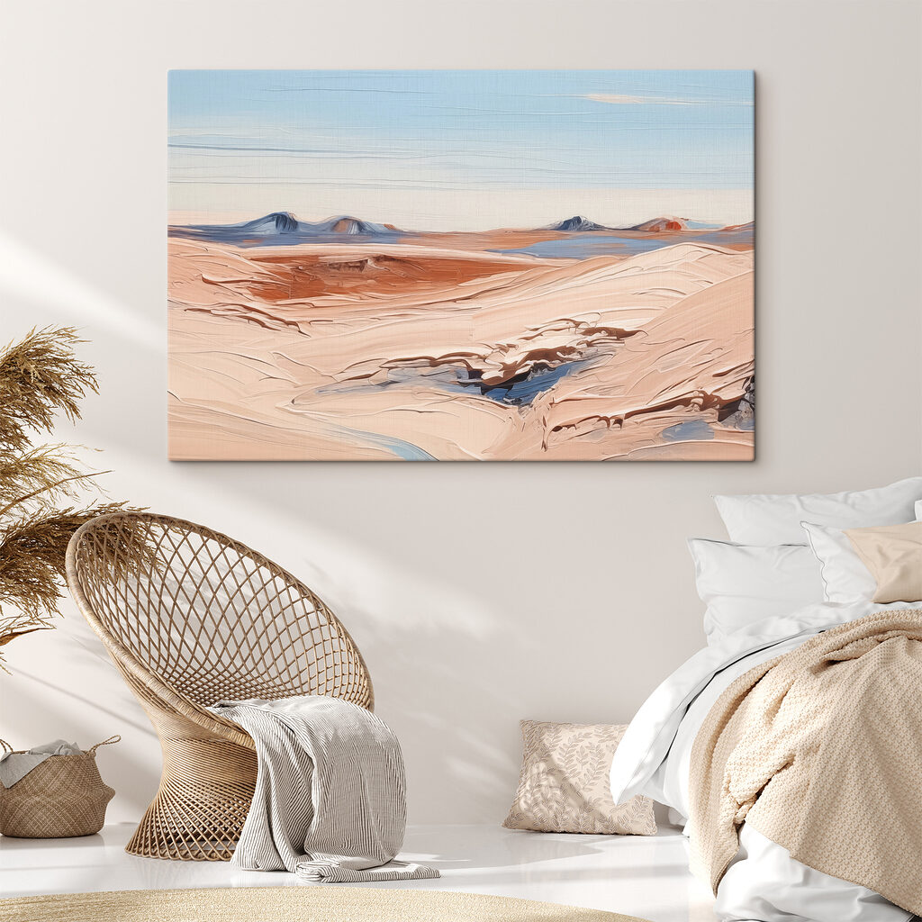A desert landscape with mountains and blue sky
