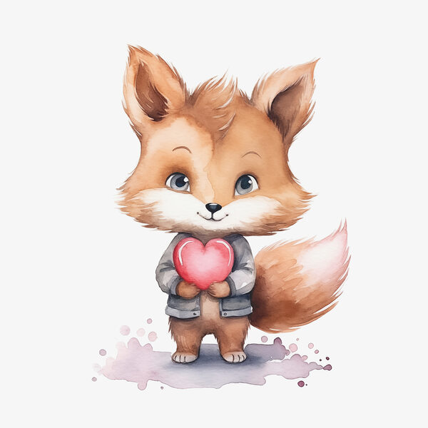 A watercolor of a fox holding a heart
