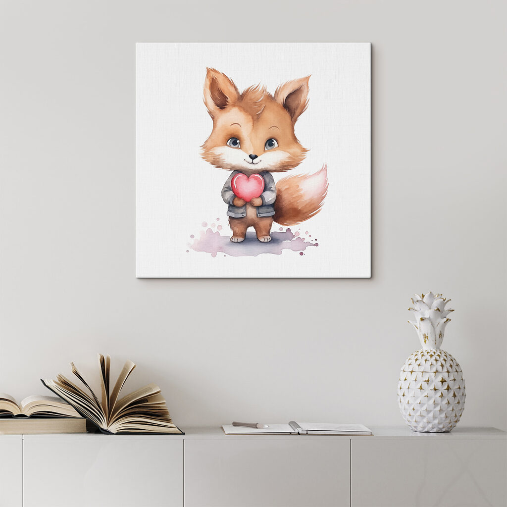 A watercolor of a fox holding a heart