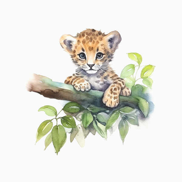A watercolor of a baby leopard on a tree branch A watercolor of a baby leopard on a tree branch