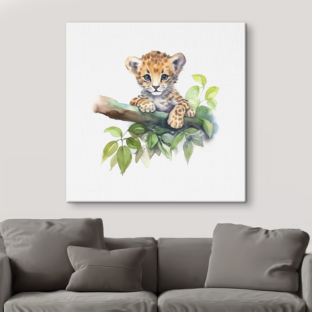 A watercolor of a baby leopard on a tree branch A watercolor of a baby leopard on a tree branch