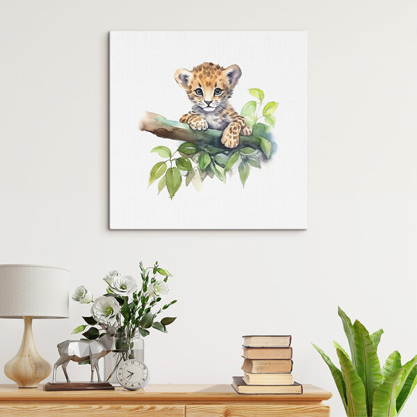 A watercolor of a baby leopard on a tree branch A watercolor of a baby leopard on a tree branch
