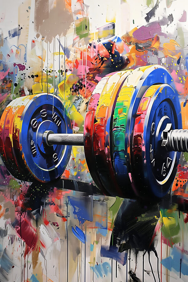 A painting of a colorful barbell