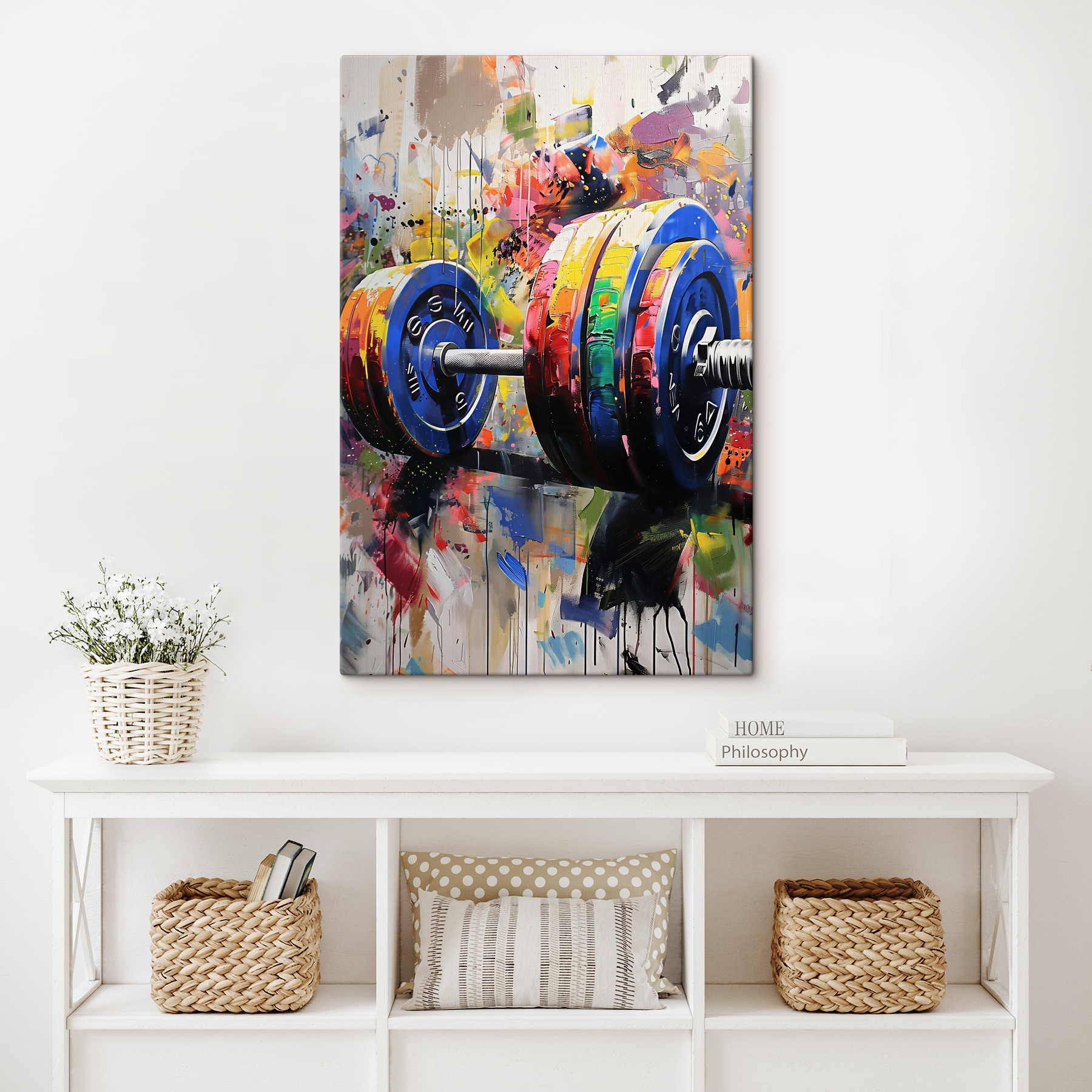 A painting of a colorful barbell