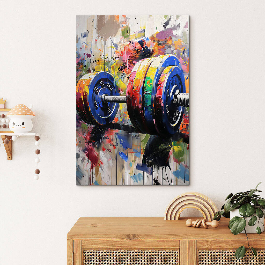A painting of a colorful barbell