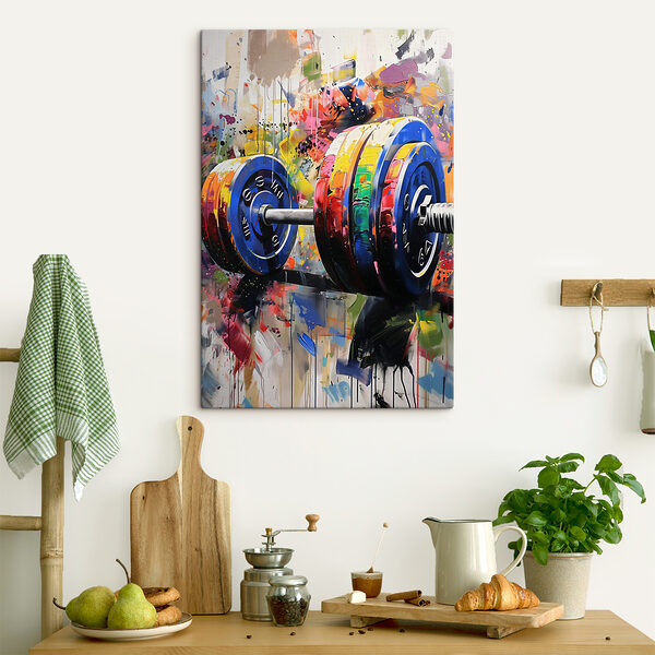 A painting of a colorful barbell