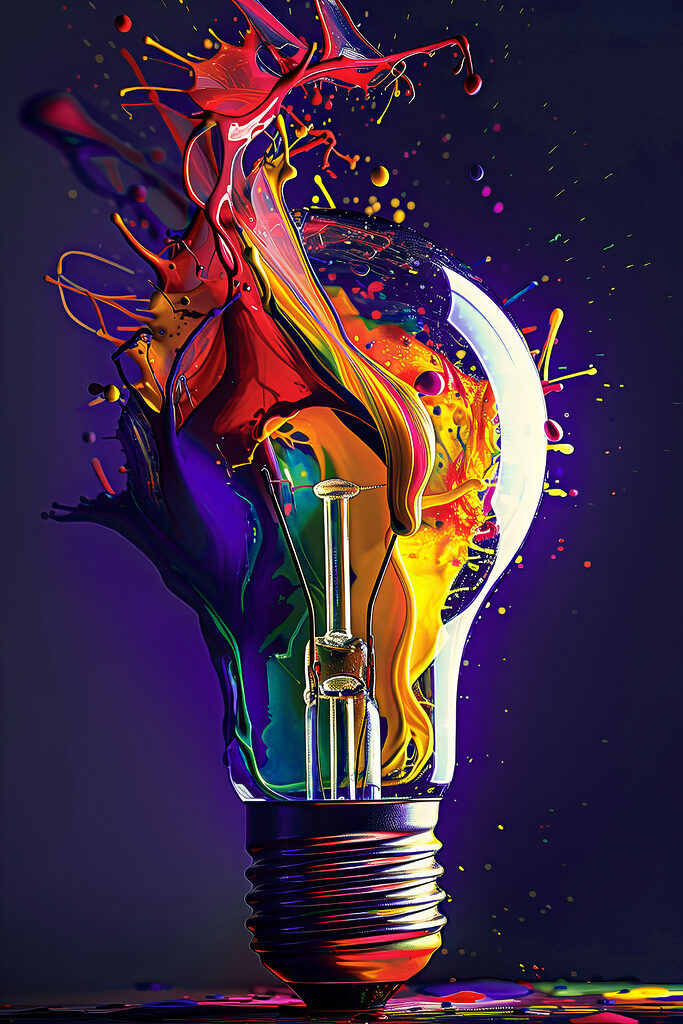 A light bulb with colorful paint splashing