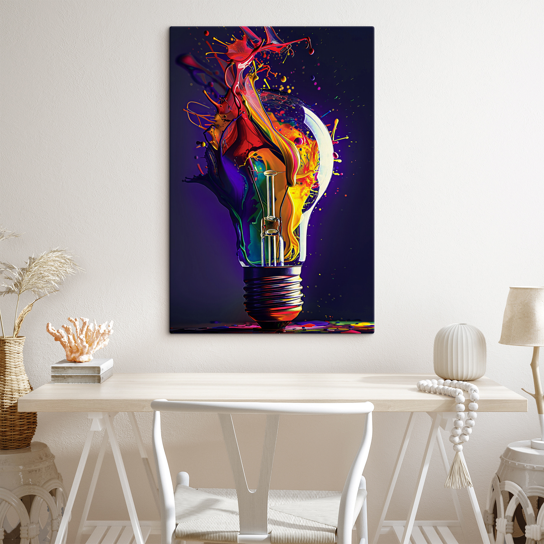 A light bulb with colorful paint splashing