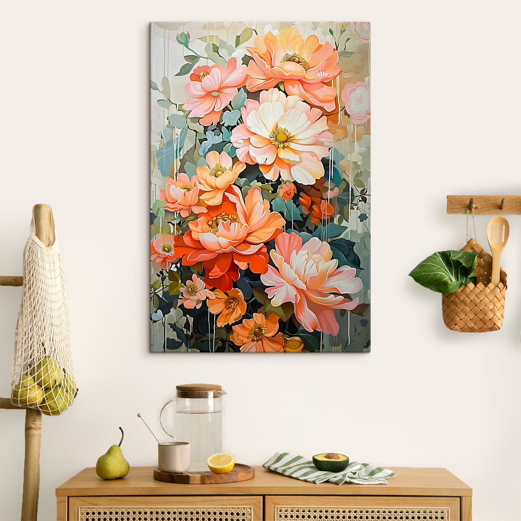 A painting of flowers on a wall