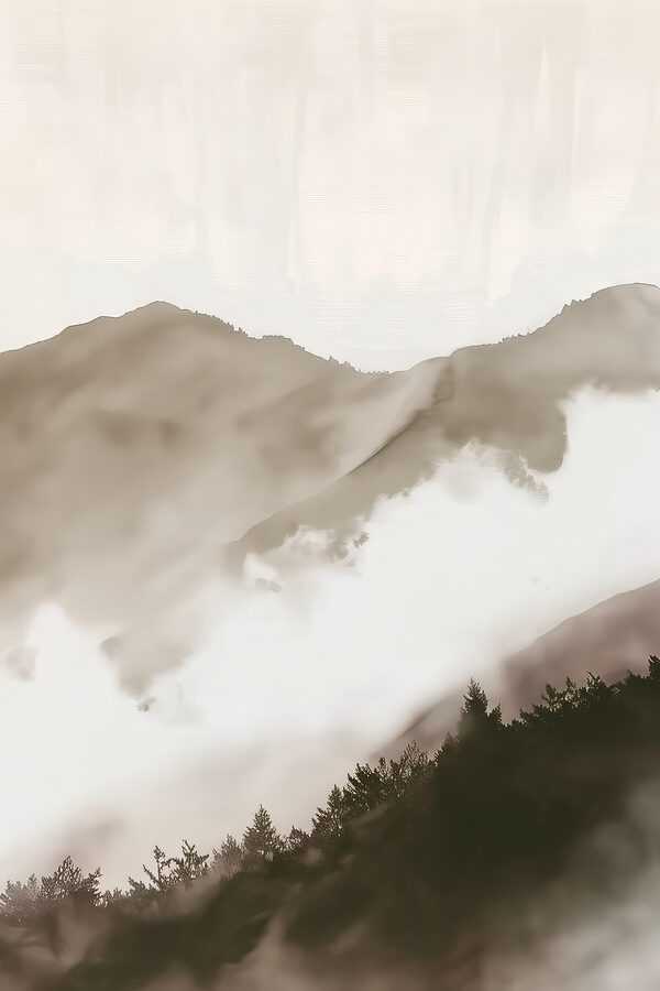 A foggy mountain range with trees