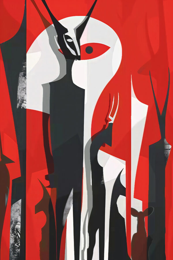 A painting of a woman in a red and white dress