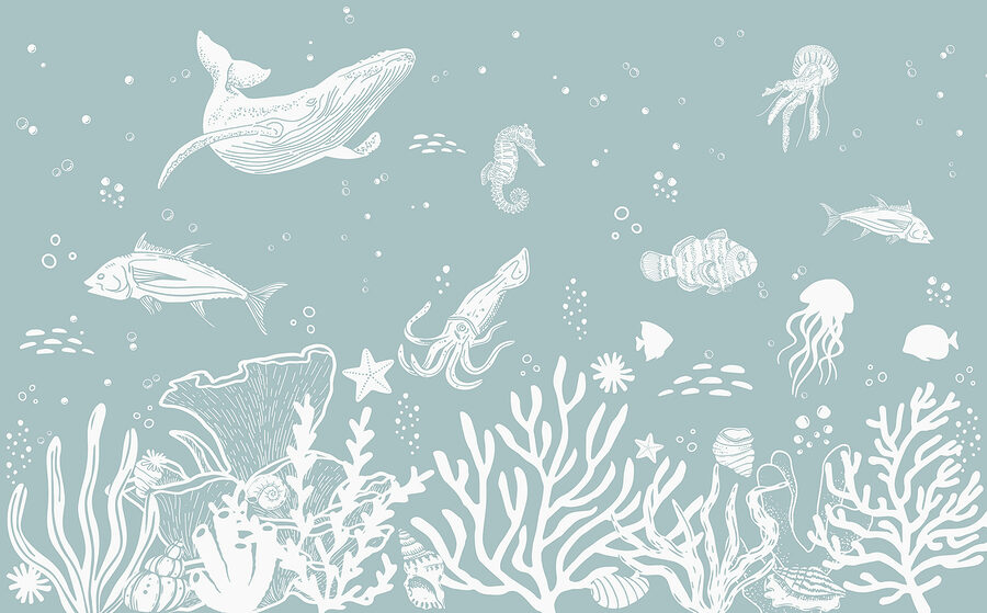 Un contorno blanco de animales marinos Un contorno blanco de animales marinos