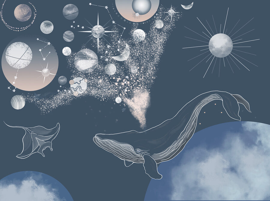 Una ballena y planetas en el cielo