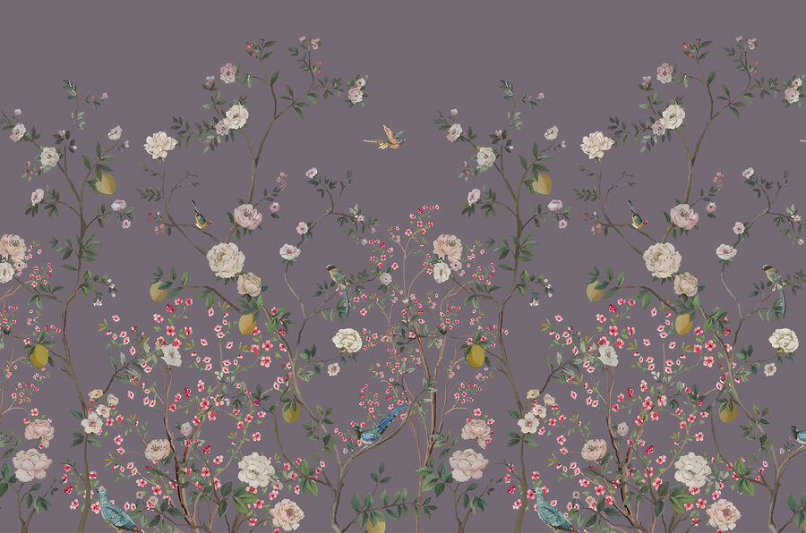Un papel pintado con pájaros y flores