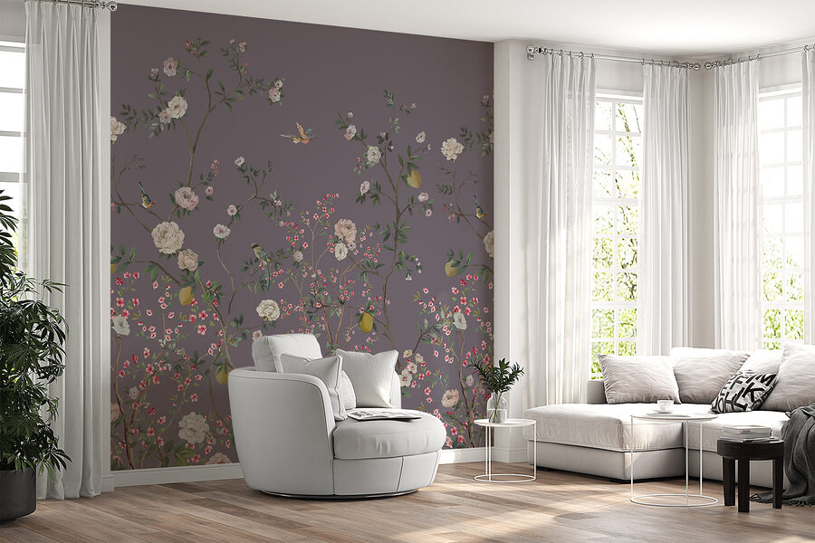 Un papel pintado con pájaros y flores
