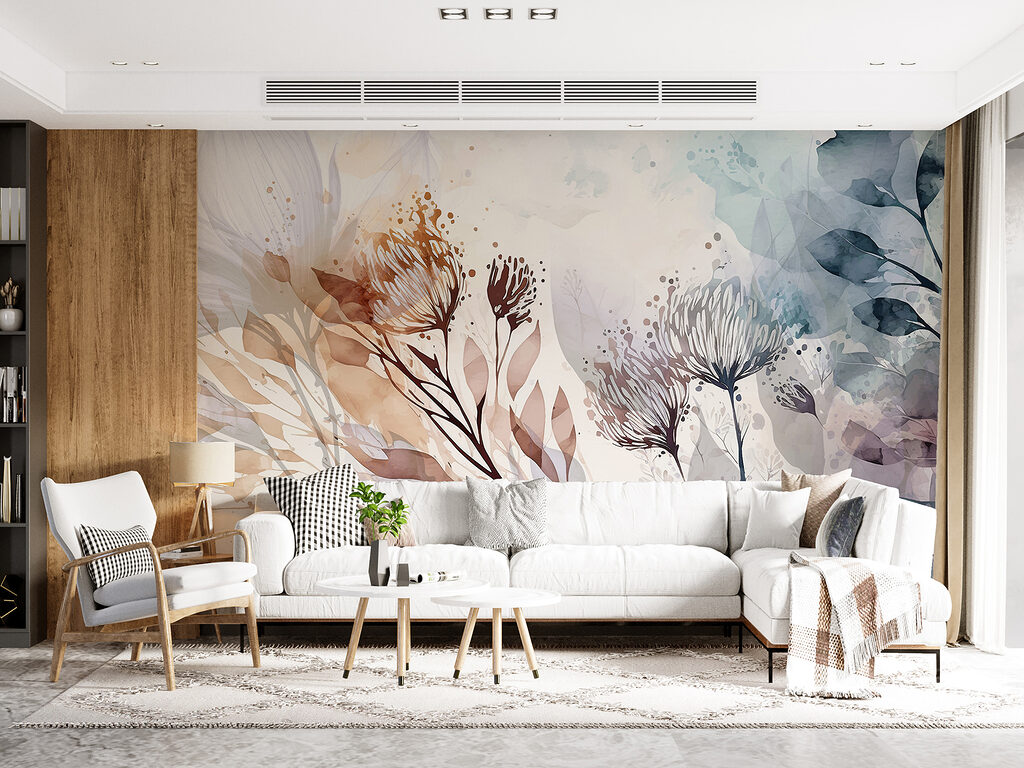 A watercolor painting of flowers and leaves