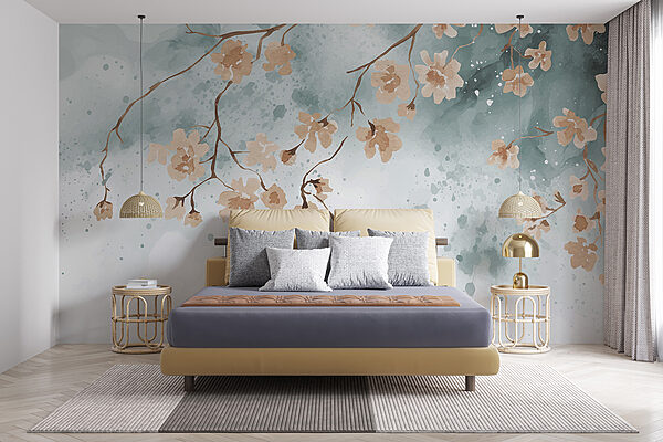 A painting of flowers on a branch A painting of flowers on a branch