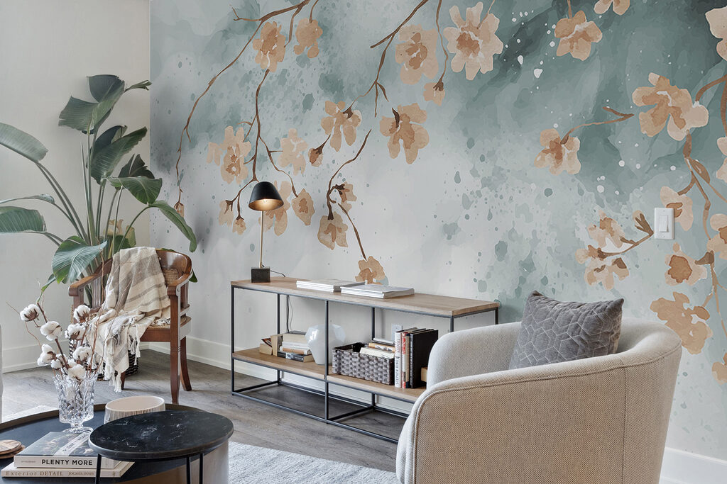 A painting of flowers on a branch A painting of flowers on a branch