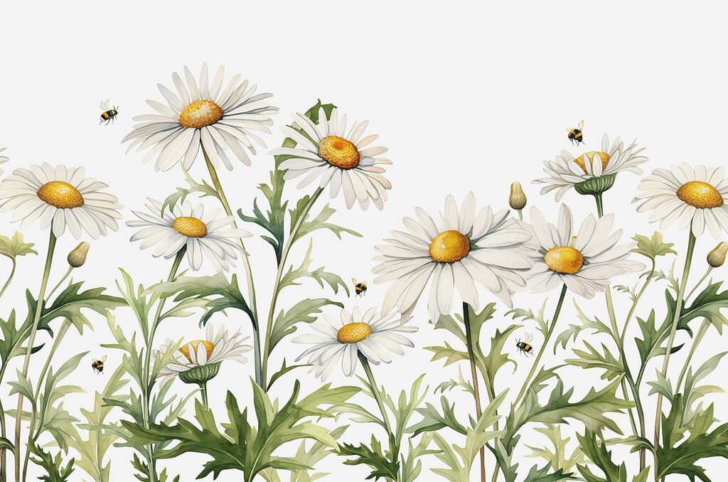 Un grupo de flores blancas con centros amarillos y hojas verdes Un grupo de flores blancas con centros amarillos y hojas verdes