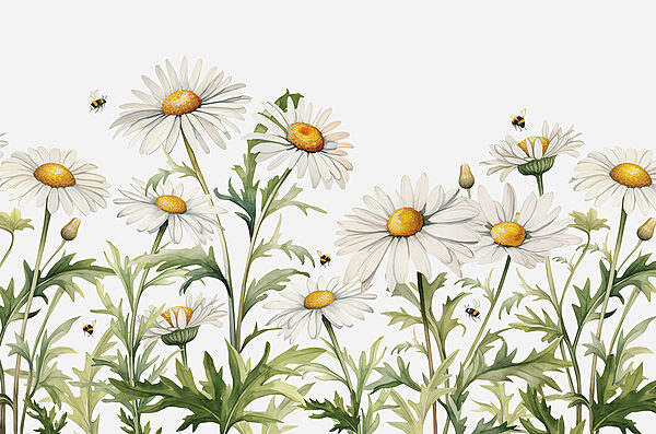 Un grupo de flores blancas con centros amarillos y hojas verdes Un grupo de flores blancas con centros amarillos y hojas verdes