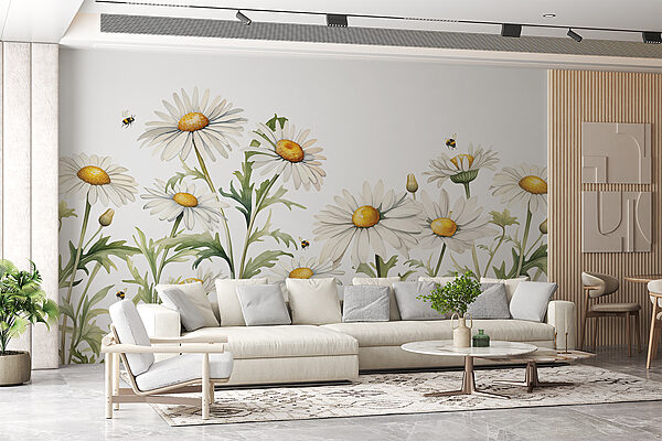 Un grupo de flores blancas con centros amarillos y hojas verdes Un grupo de flores blancas con centros amarillos y hojas verdes