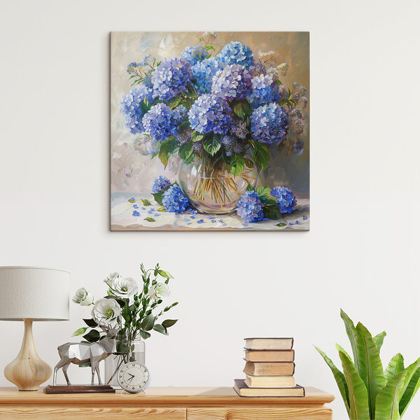 Cuadros Un cuadro que representa un jarrón con flores azules