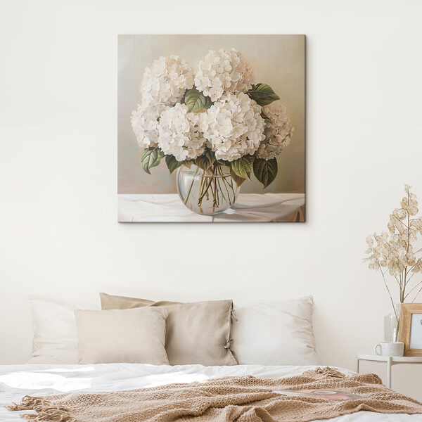 Cuadros Un cuadro que representa un ramo de flores blancas en un jarrón de cristal