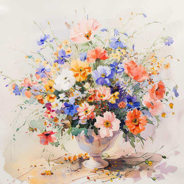 A watercolor of a vase of flowers