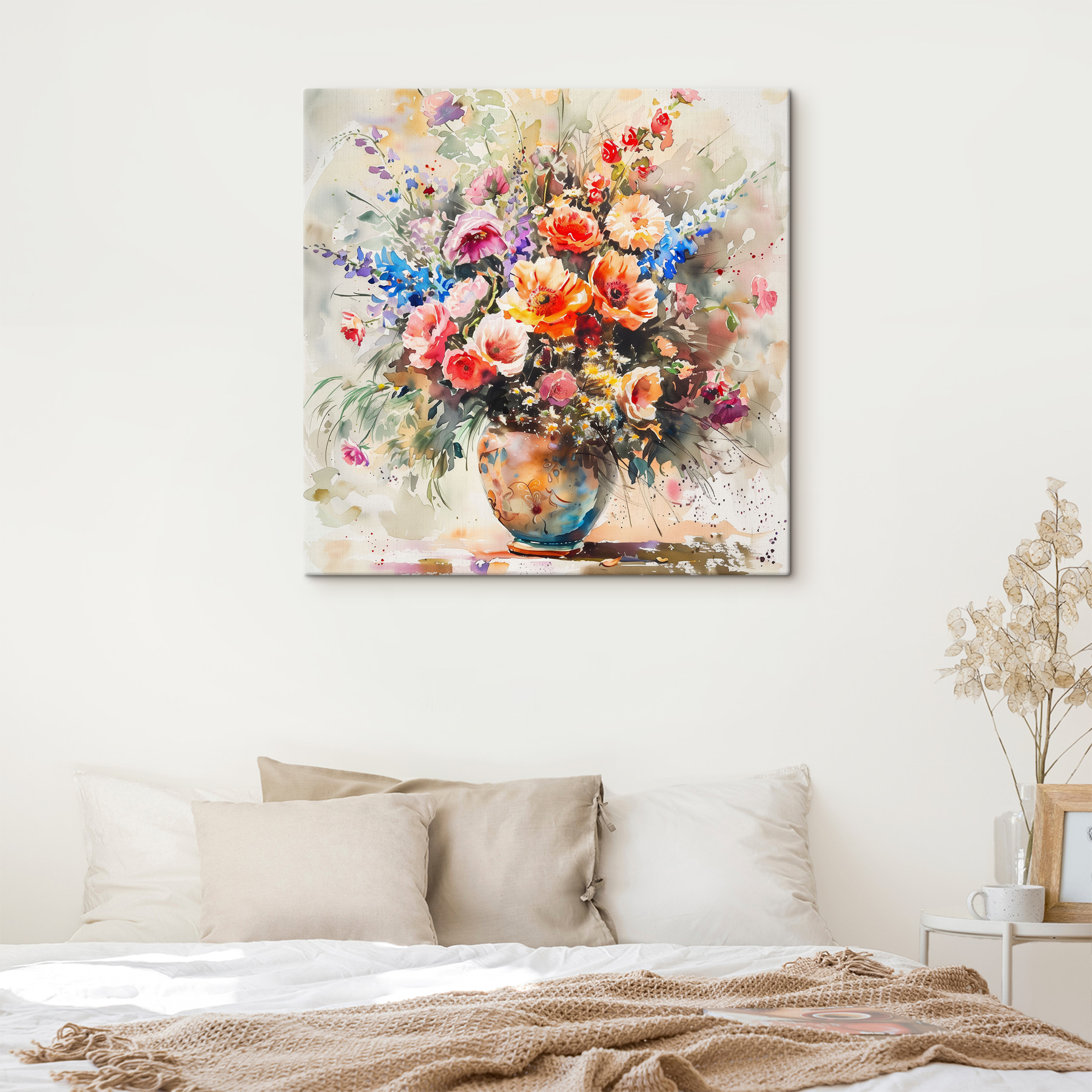 A watercolor of a vase of flowers