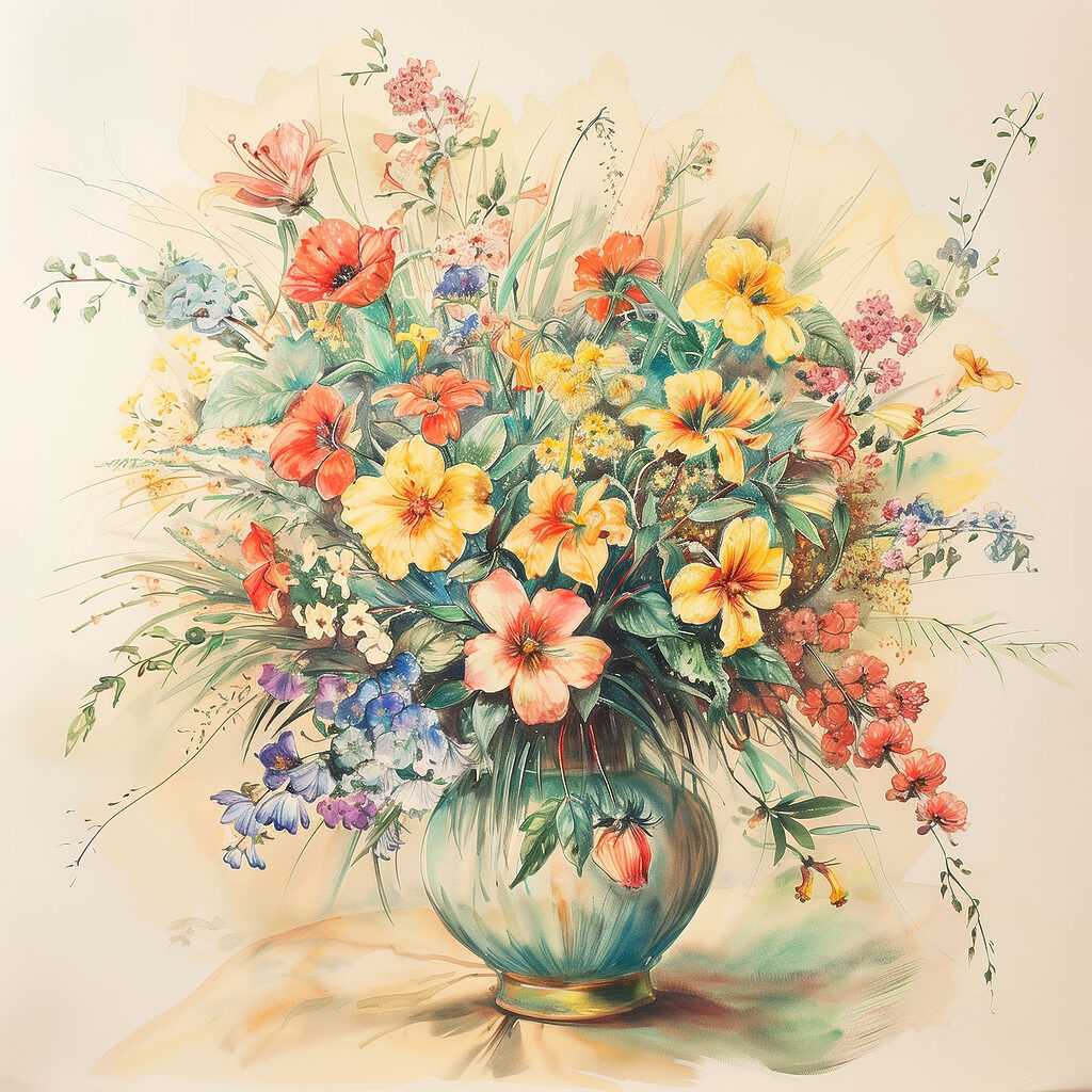 A painting of flowers in a vase A painting of flowers in a vase