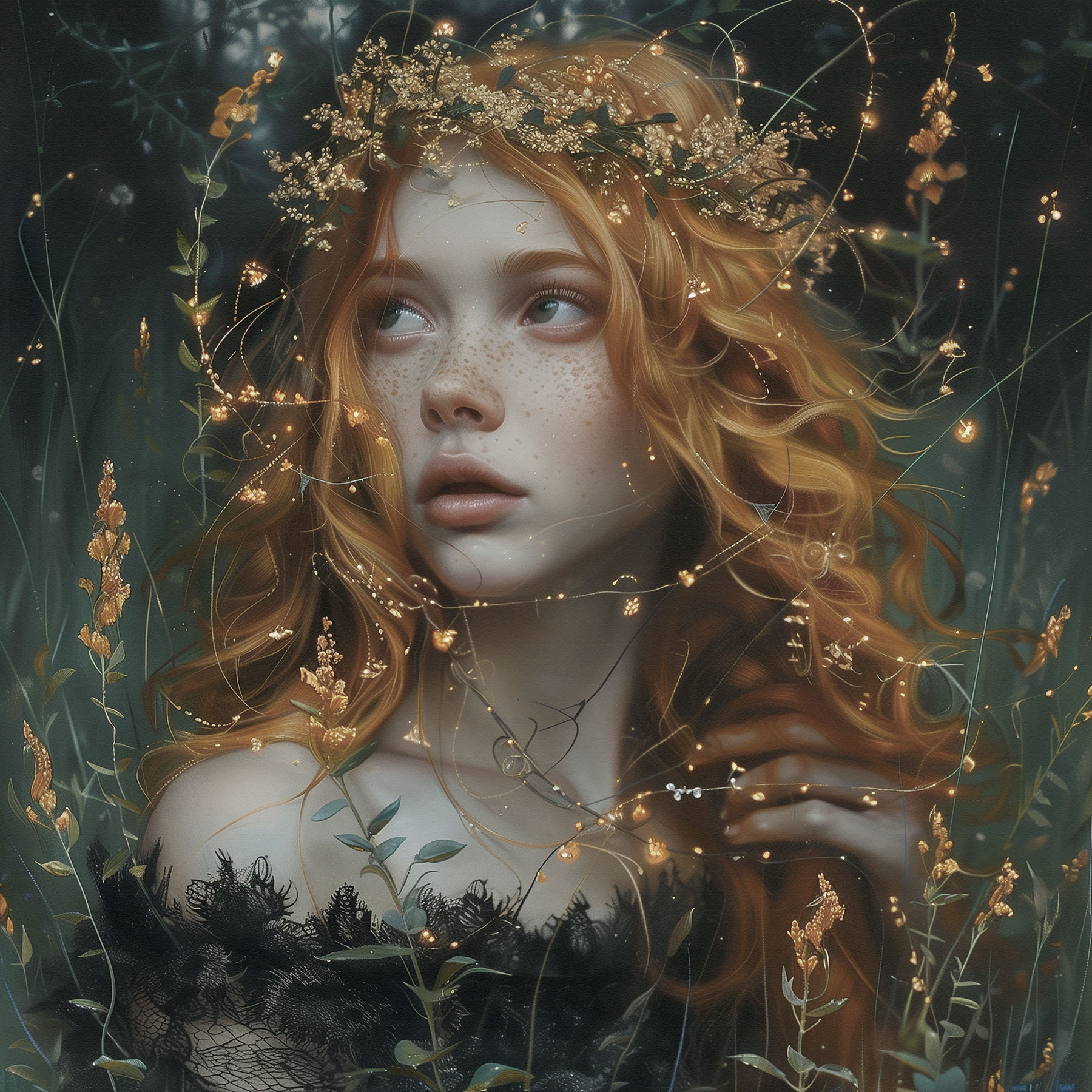 Forest enchantress amidst glowing lights