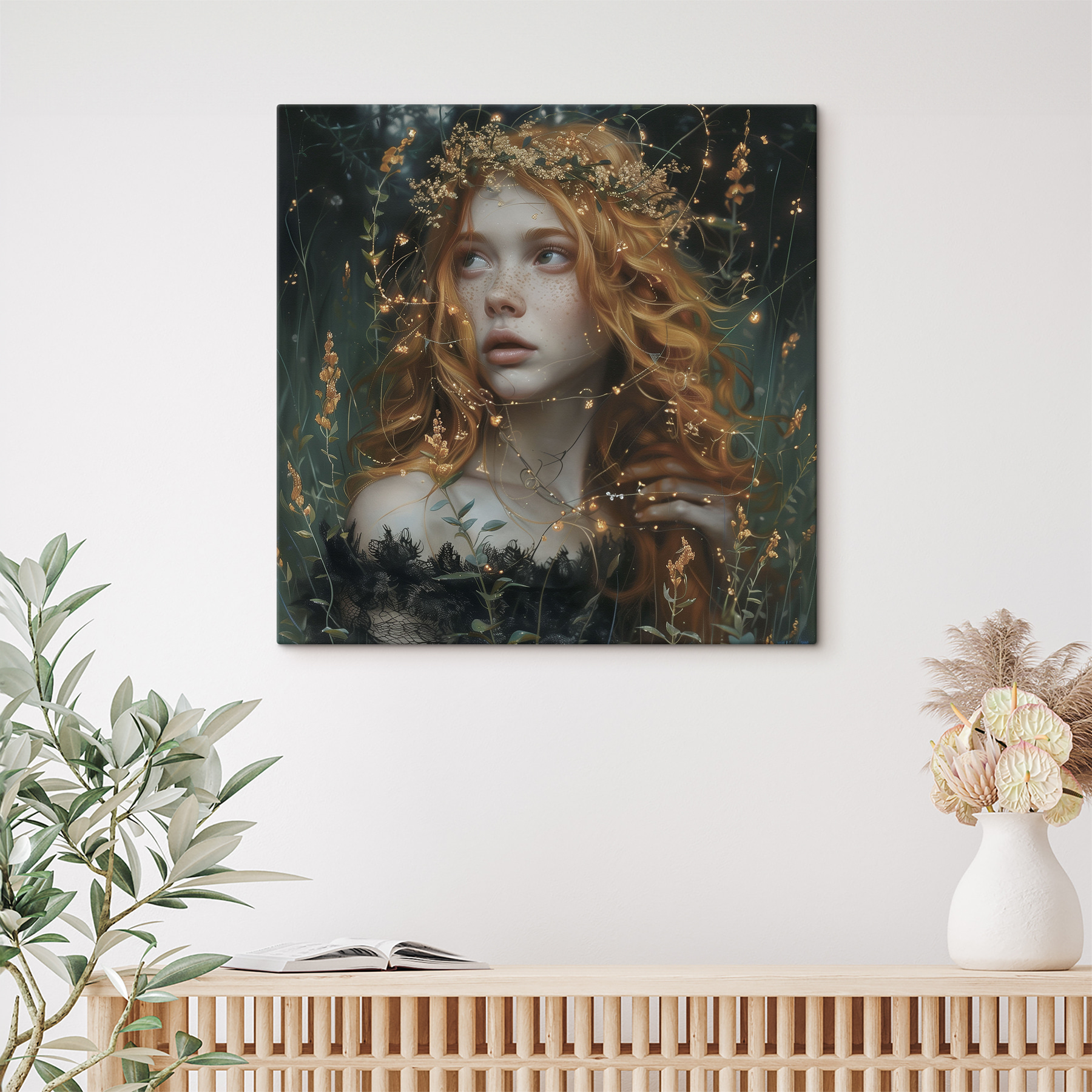 Forest enchantress amidst glowing lights