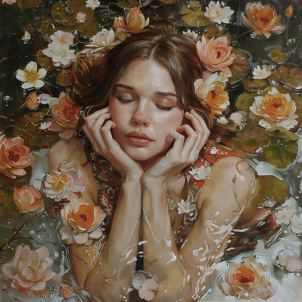 A painting of a woman lying in water with flowers