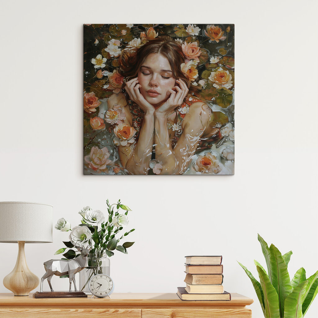A painting of a woman lying in water with flowers