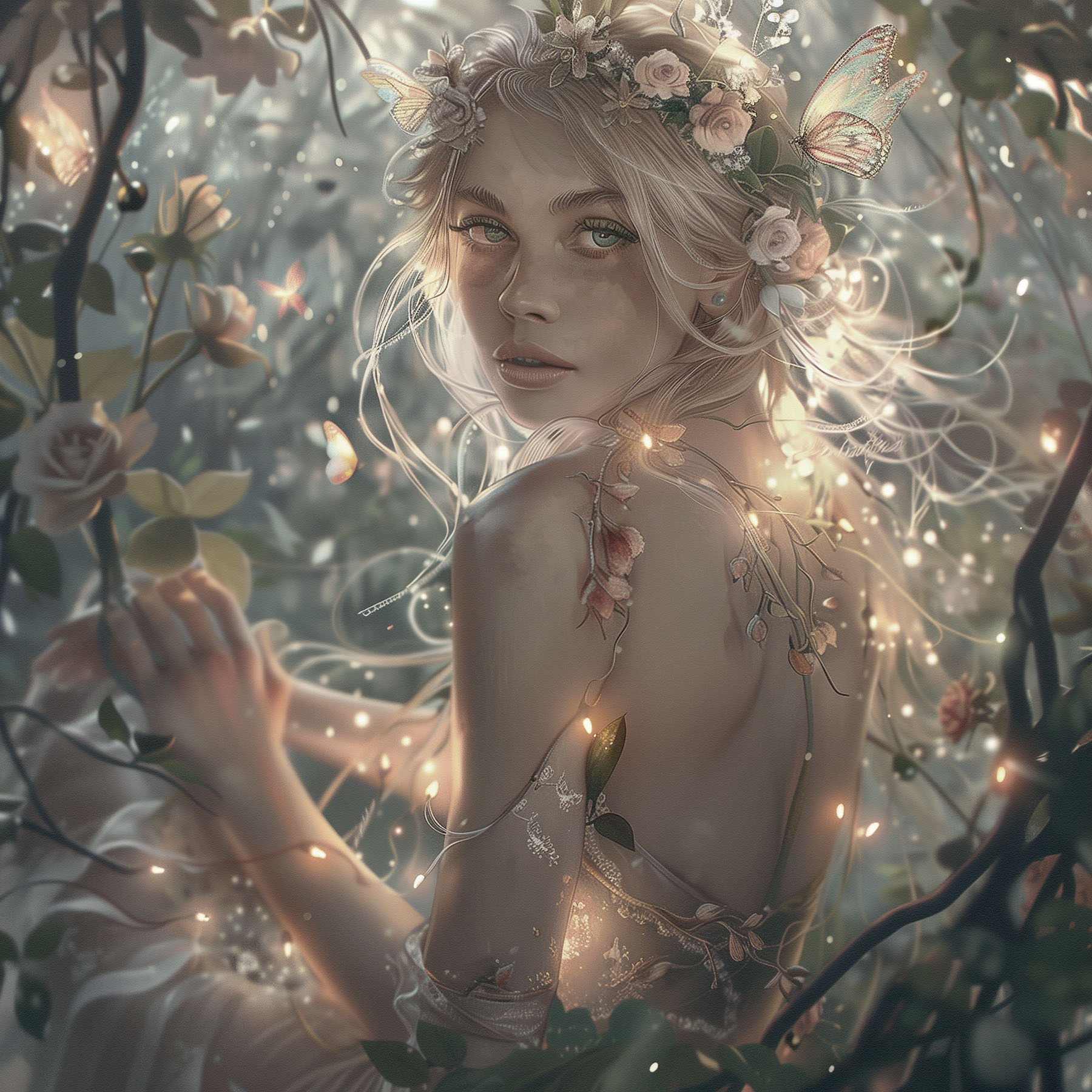 A woman in a dress with flowers in her hair