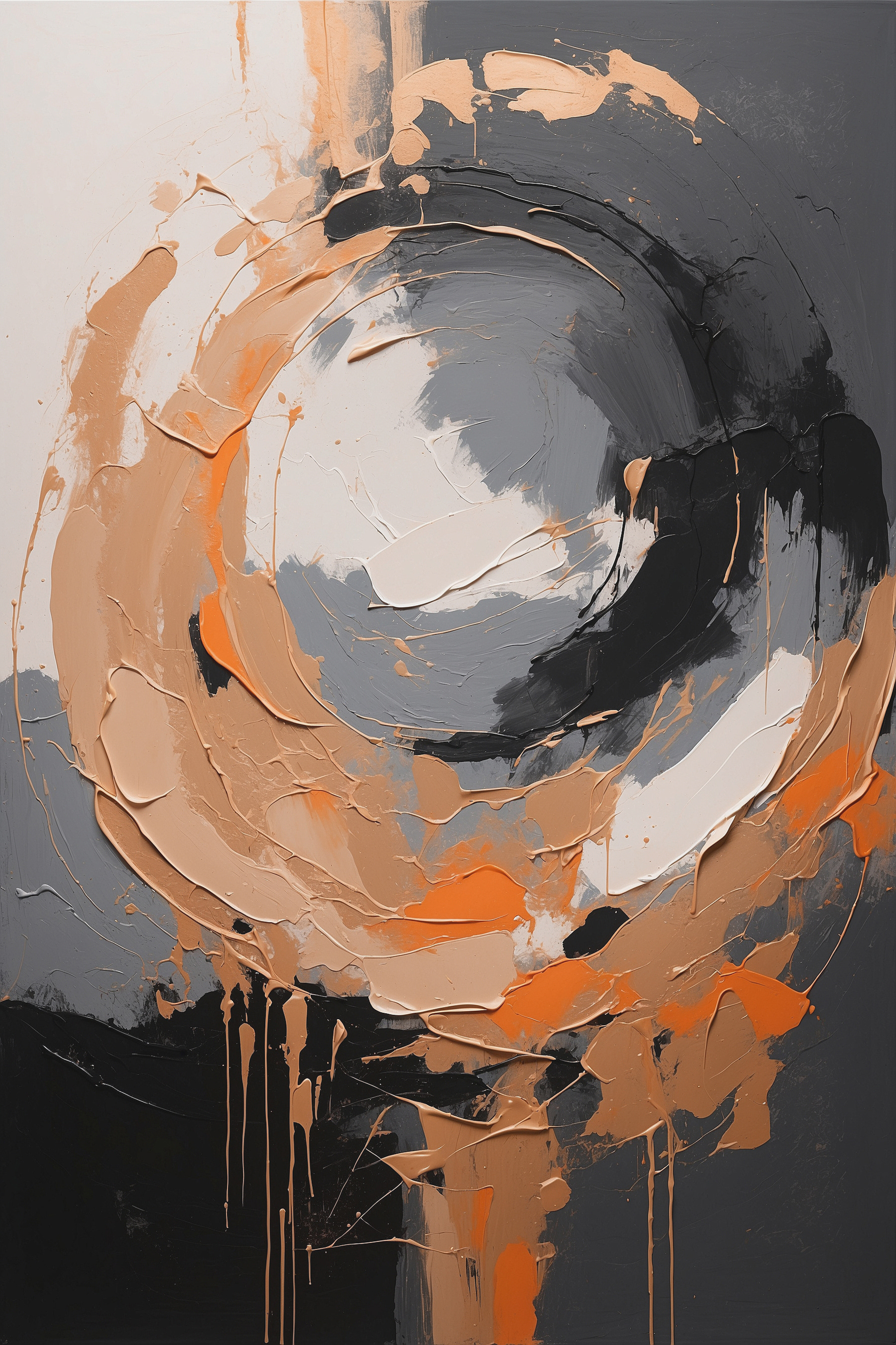 A painting of a circle with orange and grey paint A painting of a circle with orange and grey paint