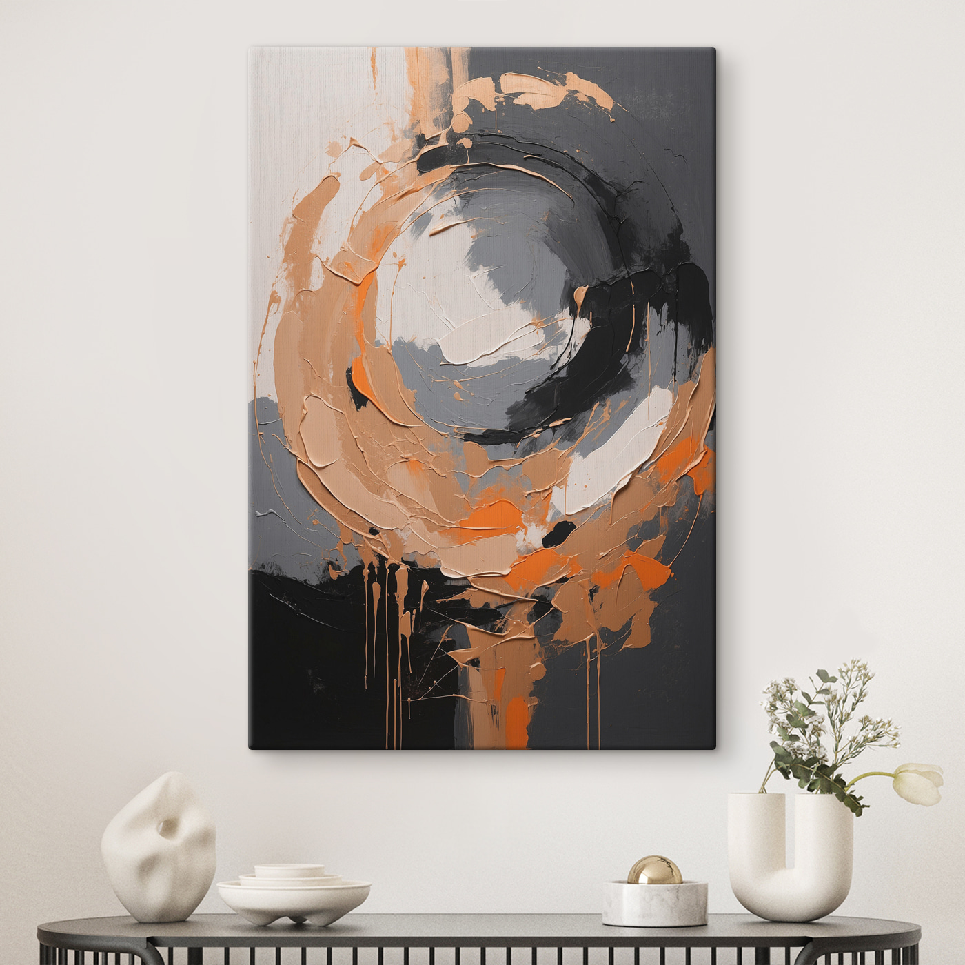 A painting of a circle with orange and grey paint A painting of a circle with orange and grey paint