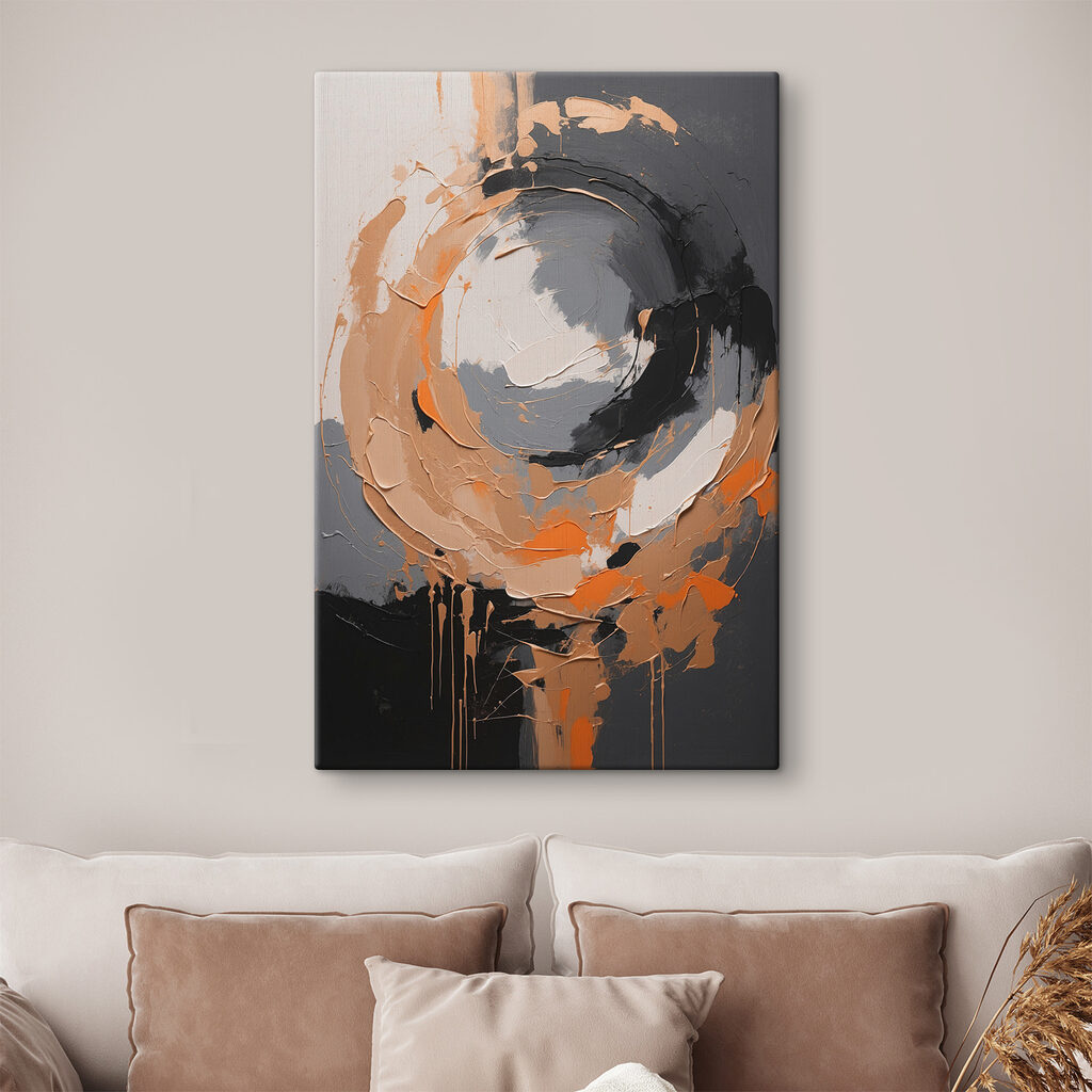 A painting of a circle with orange and grey paint A painting of a circle with orange and grey paint