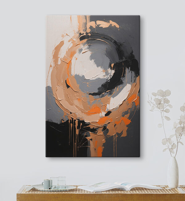 A painting of a circle with orange and grey paint A painting of a circle with orange and grey paint