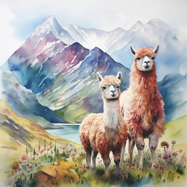 Watercolor painting of llamas in front of mountains and water