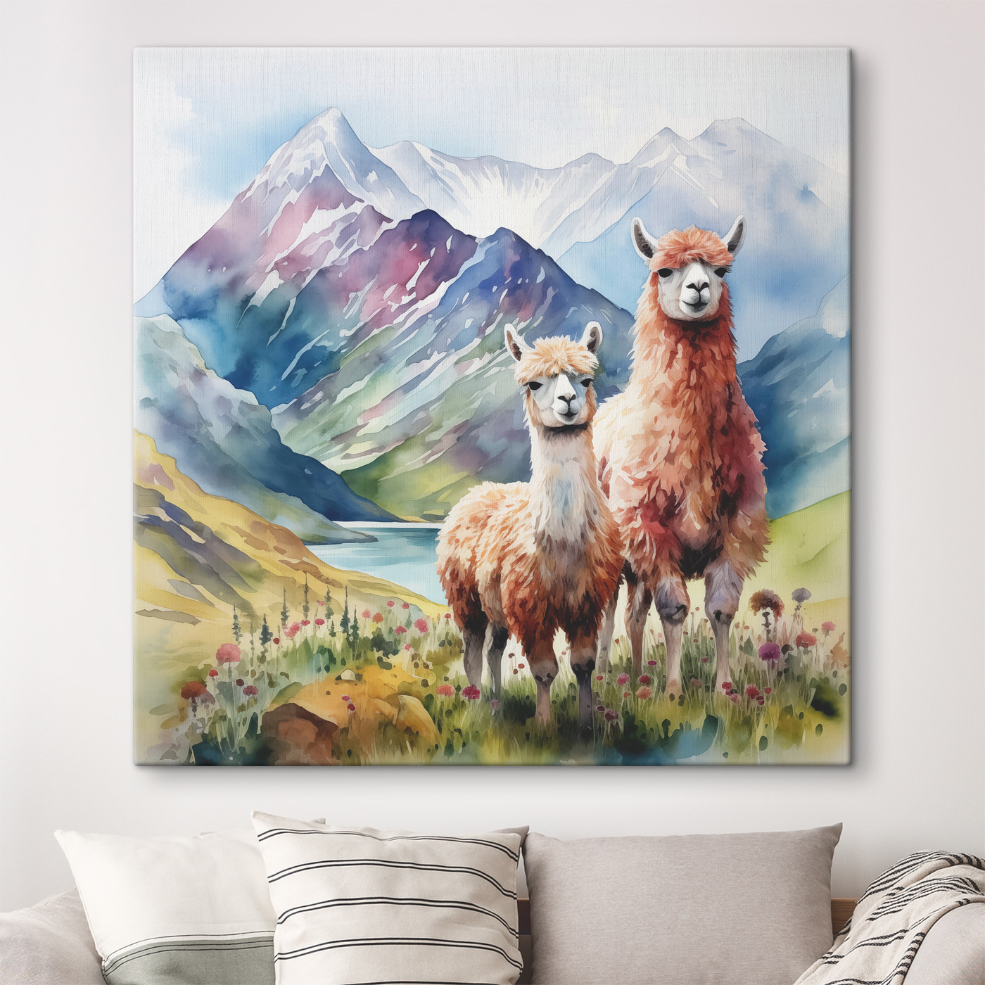 Watercolor painting of llamas in front of mountains and water